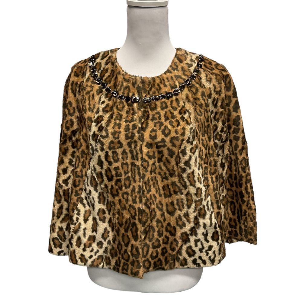 Victor Alfaro Beaded‎ Leopard Print Faux Fur Jacket Size Petite 12P